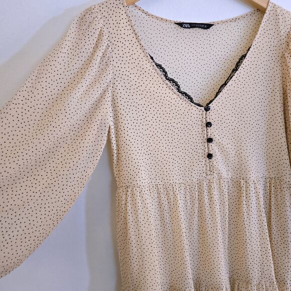 Zara Cream Black Polka Dot Tiered Babydoll Mini Dress Lace V-Neck Size S - Picture 6 of 9